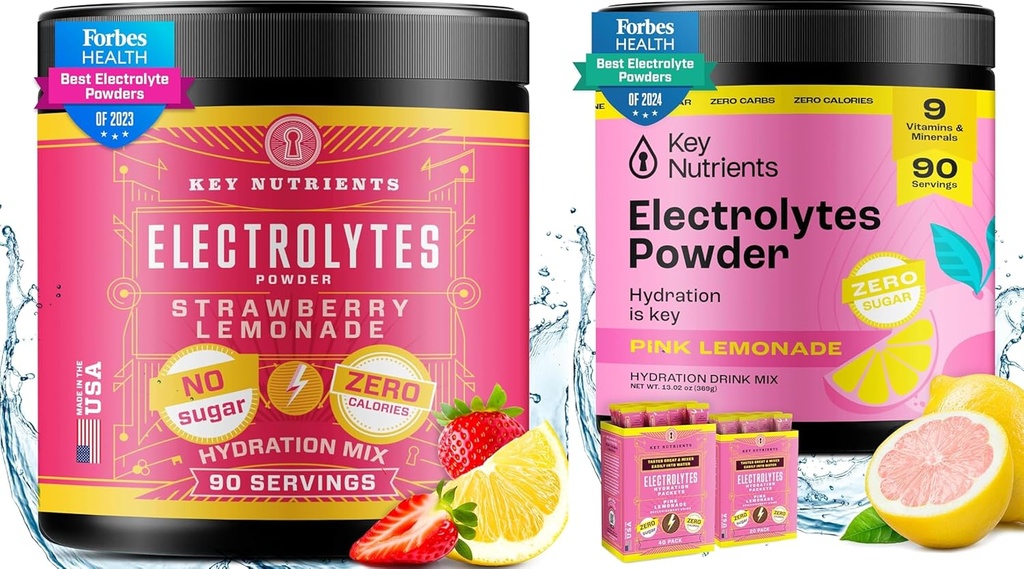 KEY NUTRIENTS Elektrolyte & Multivitamin Hydration Powder Bundle – Juicy Strawberry Lemonade & Fresh Pink Lemonade Elektrolytpulver (je 90 Portionen) – Sugar-Free, Keto-Friendly, No Calories
