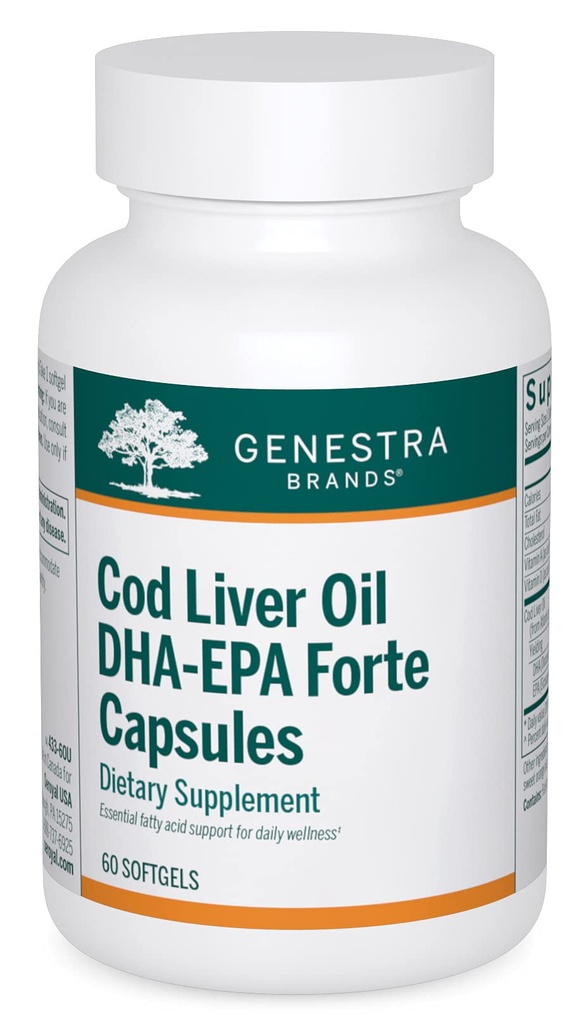 Genestra Marques Huile de foie de morue Capsules Fortes DHA-EPA Mélange de DHA, EPA et vitamines A et D. 60 Softgels