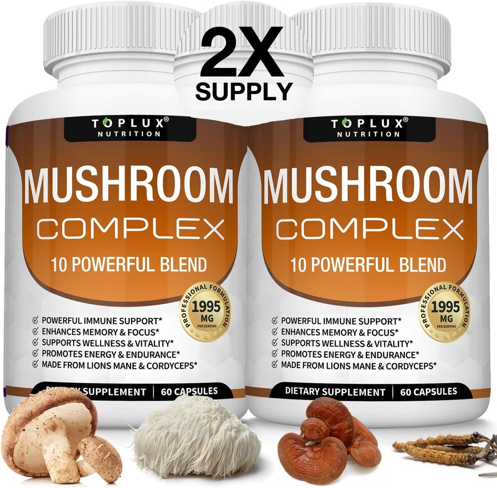 Toplux Mushroom Supplement Lions Mane & Cordyceps Reishi Chaga 10 Organische Pilzmischung zur Unterstützung Immunsystem, Gedächtnis, Fokus & Klarheit und Energie erhöhen, für Männer Frauen, 60 Kapseln