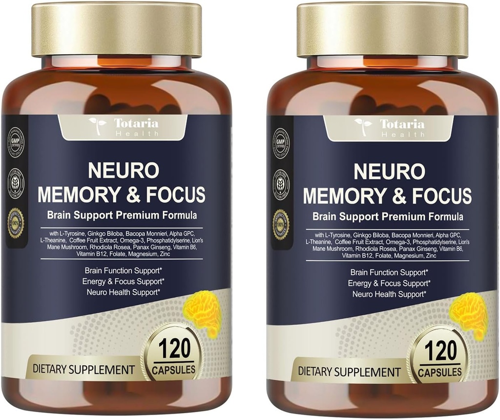 Totaria C-ognitive mit Koffein Pillen, L-Tyrosin, Alpha GPC, Ginkgo Biloba, Bacopa Monnieri Brain Supplement für Gedächtnis und Fokus, Gehirn Nootropic Support - Non-GMO, Gluten Free (120 Zähler)