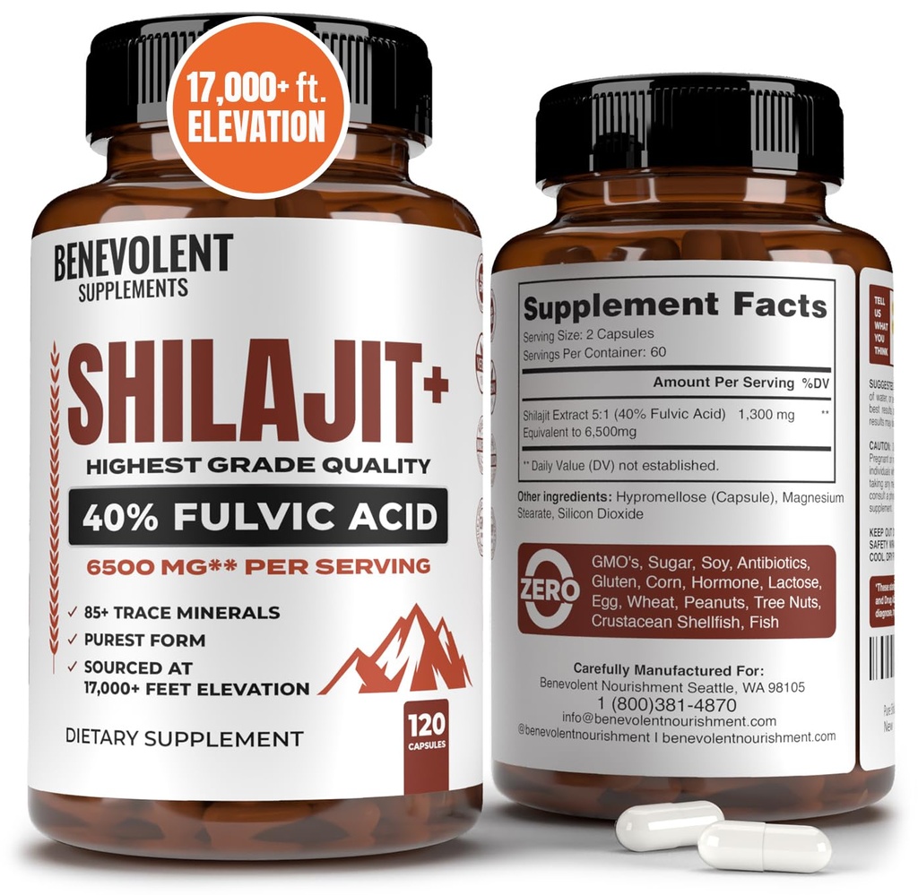 6.500mg Shilajit-Ergänzung mit 40% Fulvic Acid (High Absorption) | Shilajit Mineralergänzung mit 85+ Trace Minerals für Energie, Leistung & Immune Gesundheit - 120 Kapseln