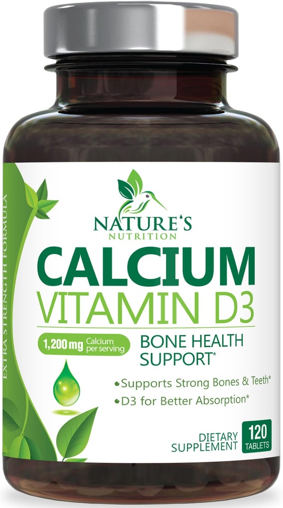 Kalziumergänzung 1200 mg - mit Vitamin D3 für beste Absorption - unterstützt Immungesundheit, Knochen & Zähne - Nature's Calcium Carbonate + 1600 IU von D3 - Bottled in USA für Frauen & Männer - 120 Tabletten