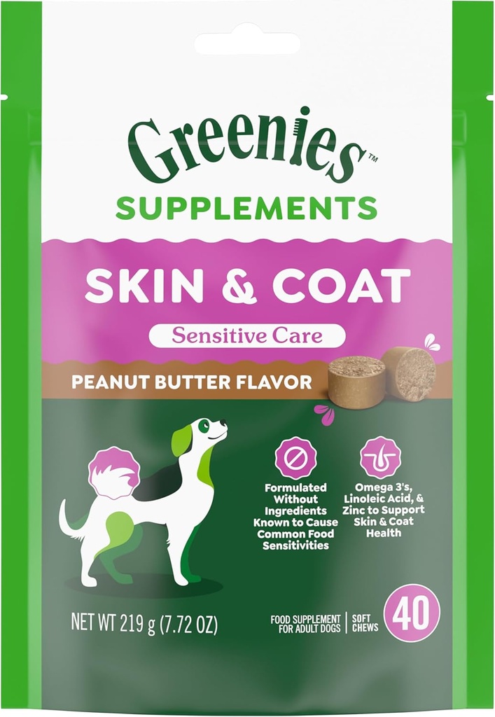 Greenies Sensitive Pflege Haut und Mantel Ergänzung für Hunde mit Fischöl für Hunde Chicken-freie Formel Hundeergänzung, Peanut Butter Flavor, 40-Count Soft Chews