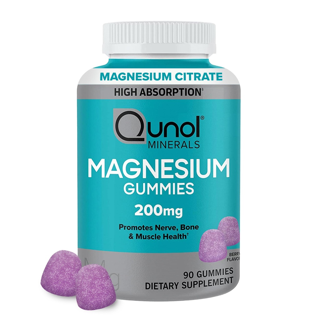 Gommies de magnésium Qunol pour adultes, 200mg Magnésium élémentaire (à partir de 1 750mg Citrate de magnésium), supplément de magnésium à haute absorption, soutient la santé des nerfs, des os et des muscles, végétarien, 90comte