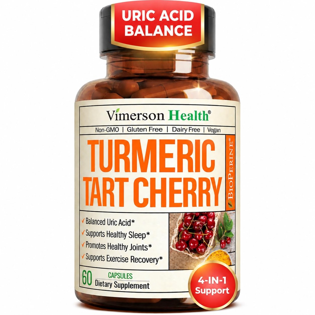 Kurkuma Ergänzung mit 10:1 Tart Cherry Extract & Celery Seed Extract - Natürliche Uric Acid Balance, Joint Health & Sleep Aid - Kurkuma mit schwarzem Pfeffer. 60 Tart Cherry Capsules