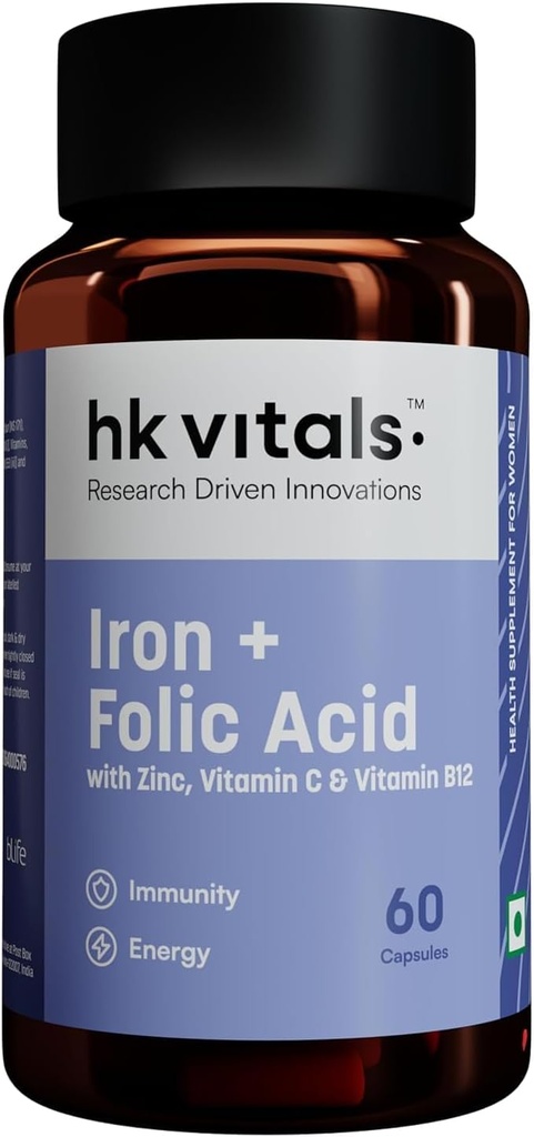 Forschung angetrieben Innovationen Eisen + Folsäure mit Zink, Vitamin C & Vitamin B12 Ergänzung (60 Kapseln) | Unterstützt Blut Gebäude | Immunität und Energie