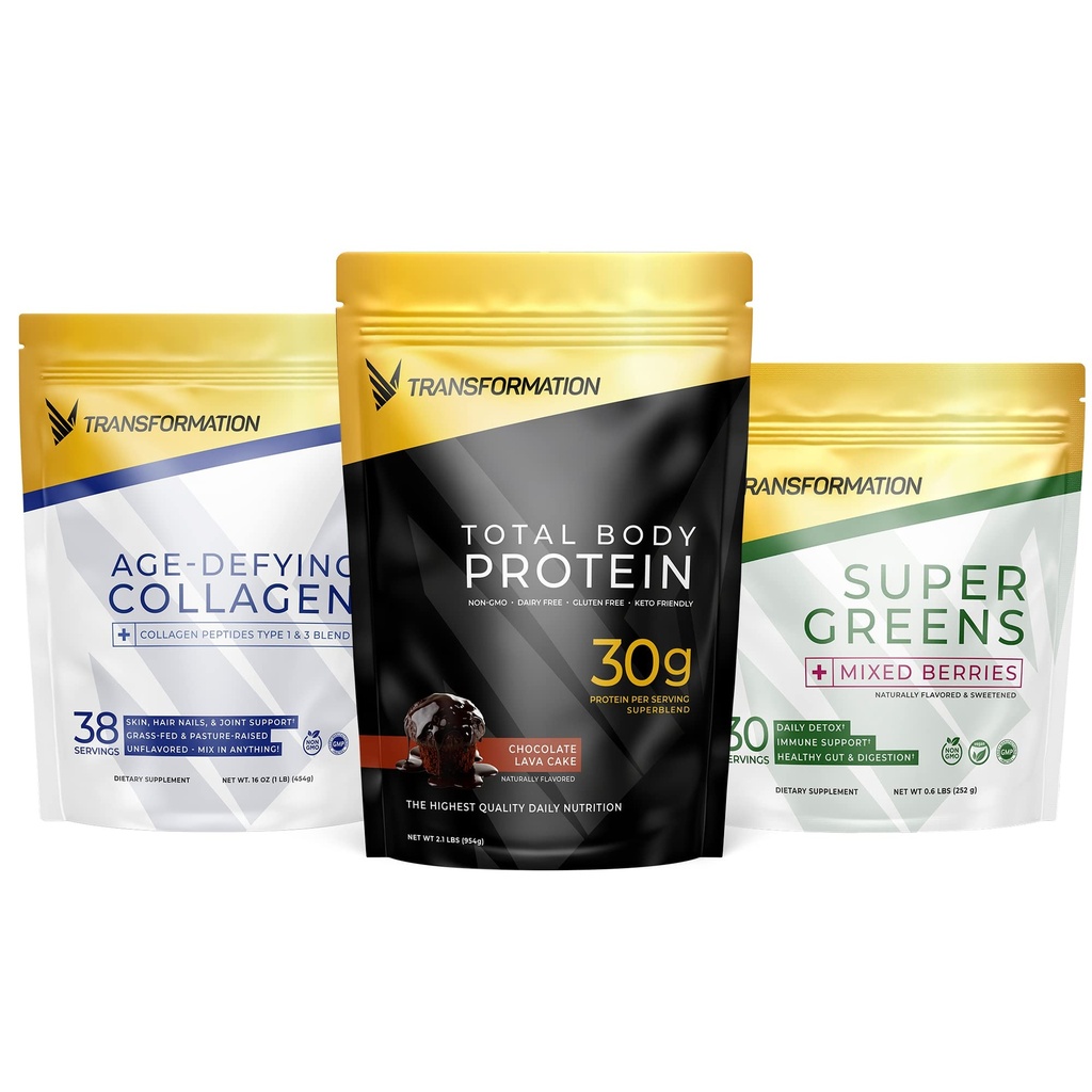 Transformation Schokoladenprotein Pulver | 30G Multi-Protein Superblend+ Grass-Fed hydrolysierte Collagen Peptide Pulver-Haar, Haut, Nägel + Bio Super Greens Superfood Pulver- Immun- und Energieunterstützung