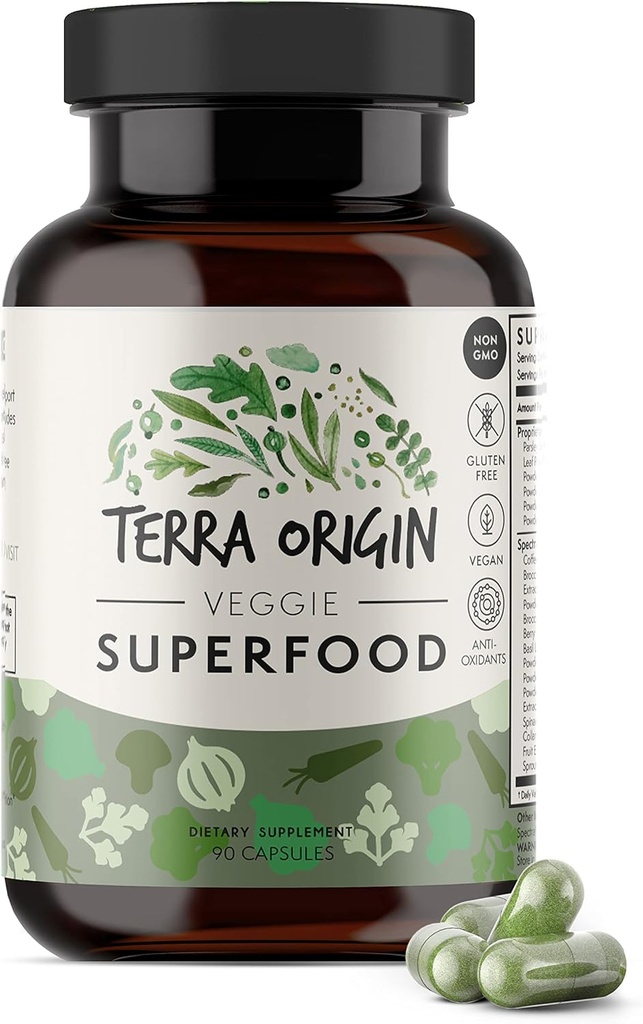 TERRA ORIGIN Veggie Superfood Supplement | 90 Veggie Kapseln | Non GMO, Glutenfrei, Vegan und Made in USA | Natürliches Antioxidans für Erwachsene