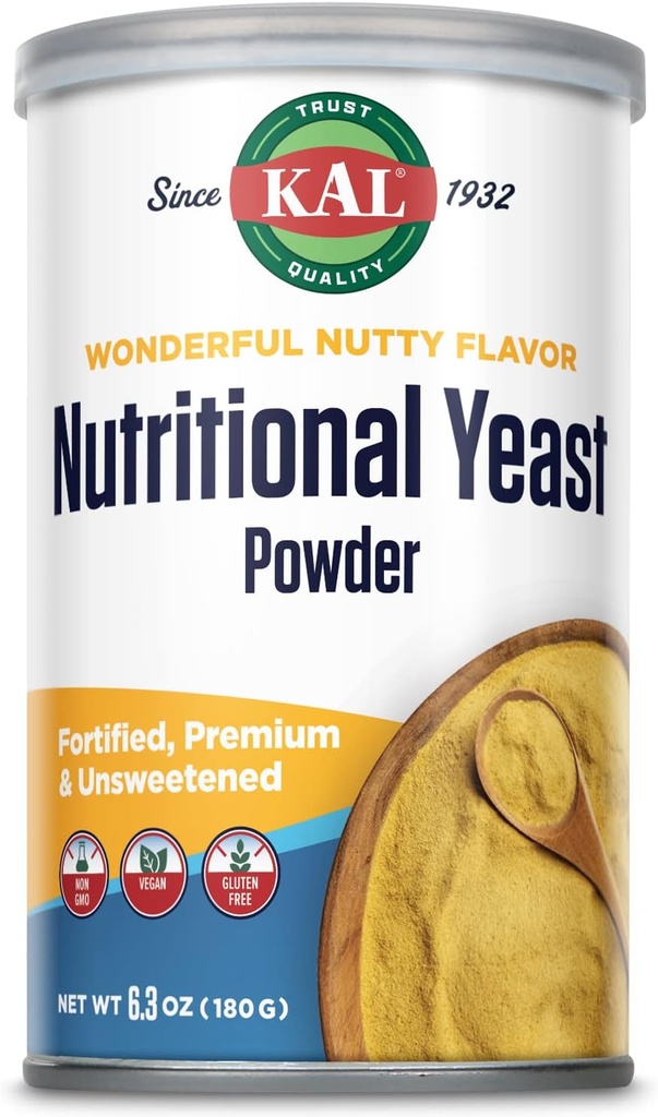 KAL poudre de levure alimentaire, fortifiée avec B6, B12, acide folique et autres vitamines B, Premium et non sucré, grande saveur de noix, végétalien, sans gluten, non-OGM, garantie de 60 jours, 20 portions, 6.3oz