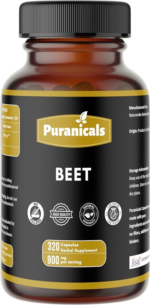 Beet Premium 320 Kapseln Nitric Oxid Booster | Kräuter-Ergänzung | 900 mg pro Servieren | Hergestellt mit 100% Pure Beetroot Pulver (Beta Vulgaris)