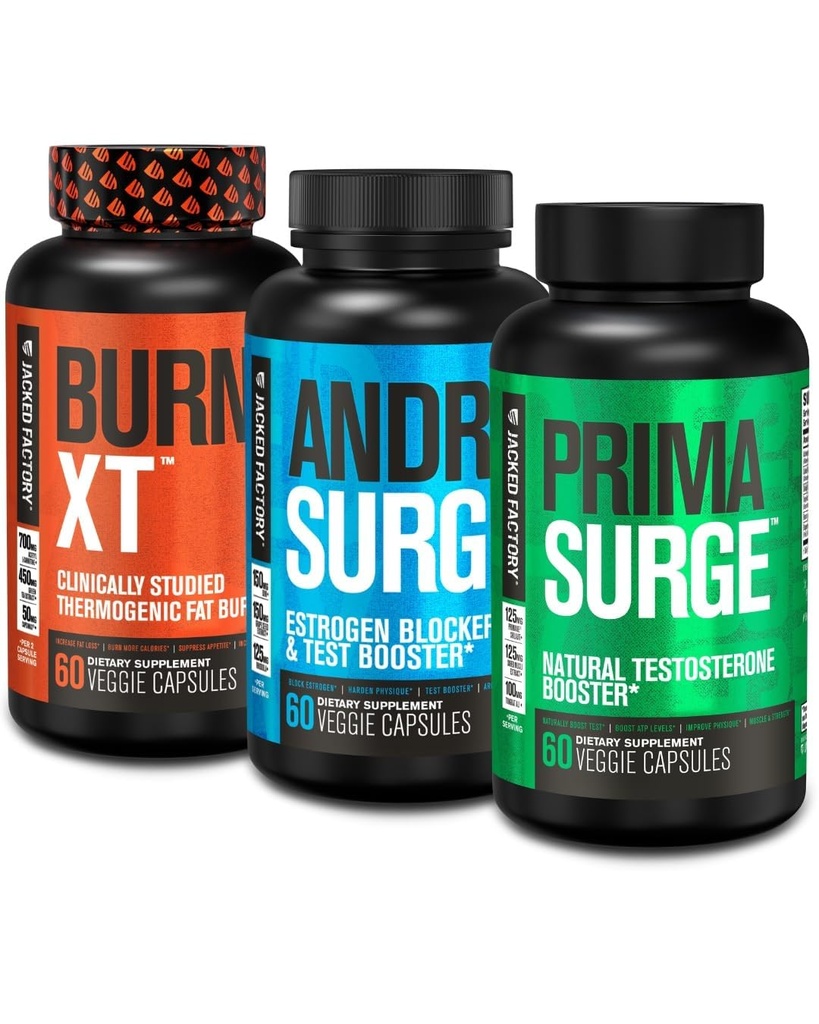 Blocker d'androsurge d'usine Jacked pour les hommes + booster de testostérone Primasurge pour les hommes + Burn XT Burn-XT Thermogénique Fat Burner - Suppresseur d'appétit pour la perte de poids