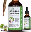 Sursop Graviola gouttes liquides multivitamines 1800mg, Bitters de sourcils organiques liquide, mélange antioxydant mousse de mer, vitamine B6, C, D3, extrait de feuille pure, soutien immunitaire, 98% Absorption, végétalien, 2 fl oz