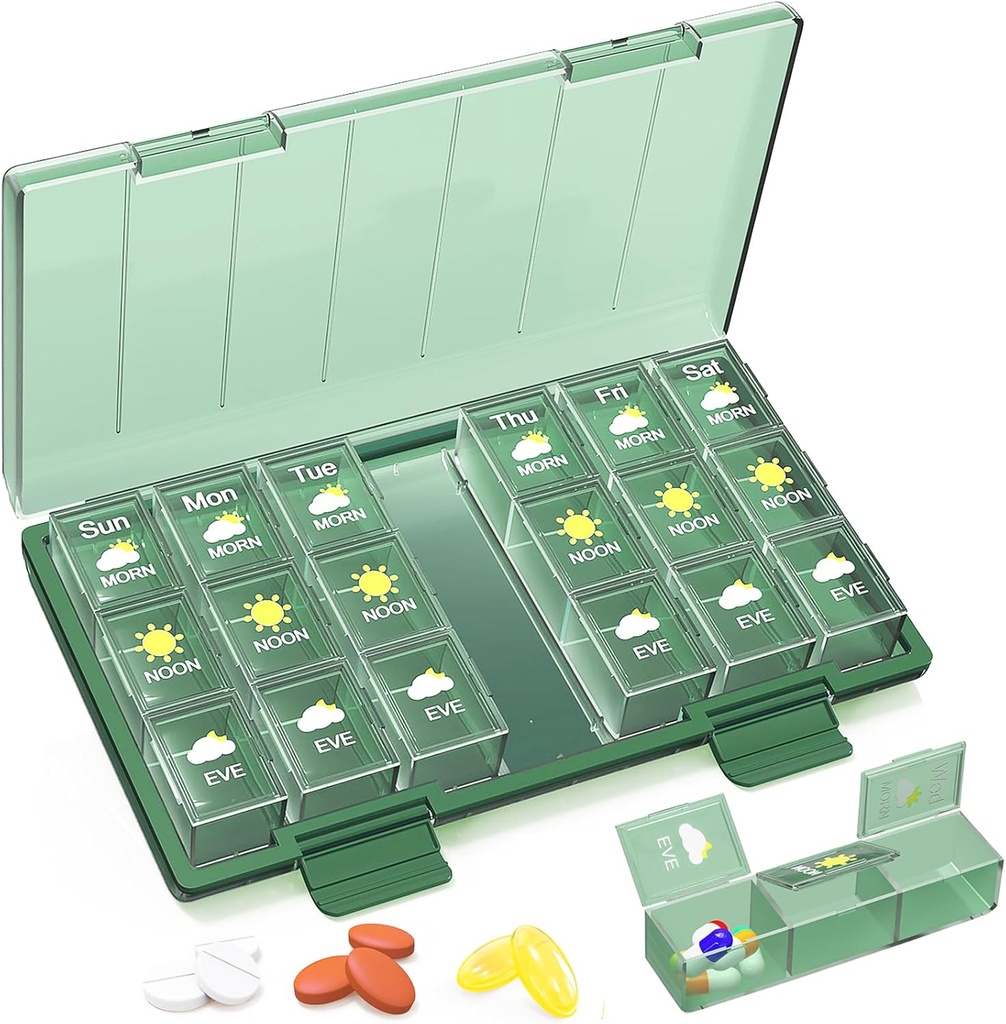 Medilax Wöchentliche Pille Organizer 3X pro Tag, Tragbare Pille Box 7 Tag einfach zu bedienen, Tägliche Pille Fall für Reisen mit Dreifach-Schutz, Pillen-Container für Vitamine/Medikation/Ergänzungen, Grün