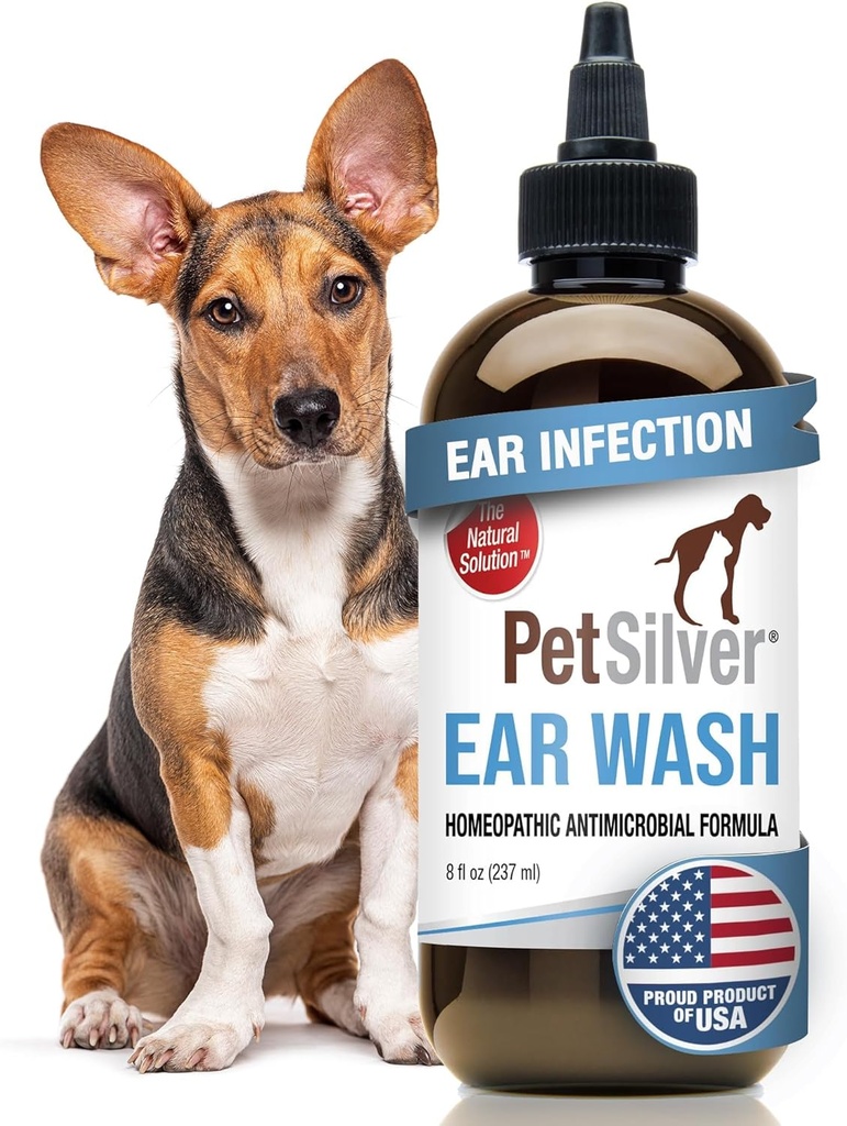 PetSilver Dog Ear Cleaner Solution – Gentle Ear Wash for Dogs and Cats with Chelat Silver – Otic Rinse Formula Targets Wax Buildup, Smelly Odor, and Itchy or Irritated Areas - Made in USA - 8 fl oz