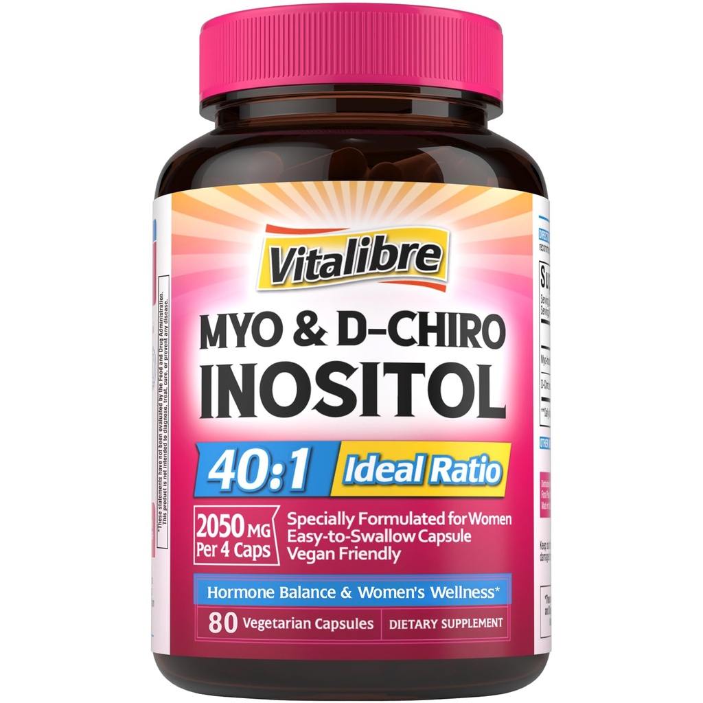 Supplément Inositol, Myo-Inositol et D-Chiro Suppléments de fertilité Inositol pour les femmes, 40:1 Rapport idéal, équilibre hormonal et soutien ovarien, 80 capsules véganes