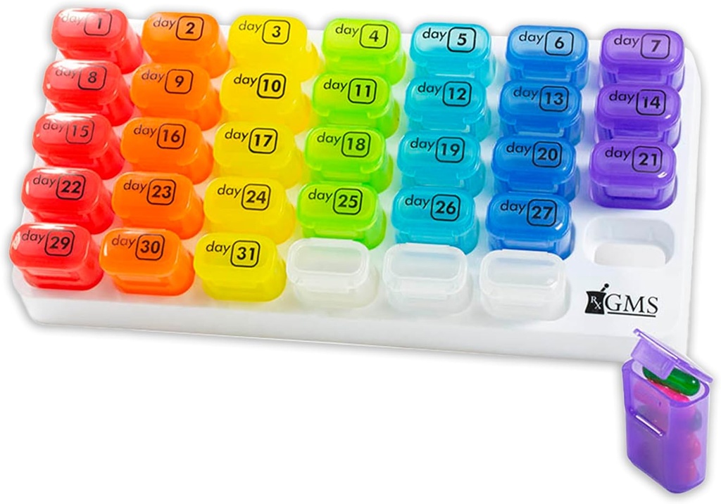Monatliche Pille Organizer - 31 Tage Pop Out Pillen Pods für Nahrungsergänzungsmittel, Vitamine & Medikamente - Ideal für den täglichen Gebrauch &amp; Reisen - Regenbogen