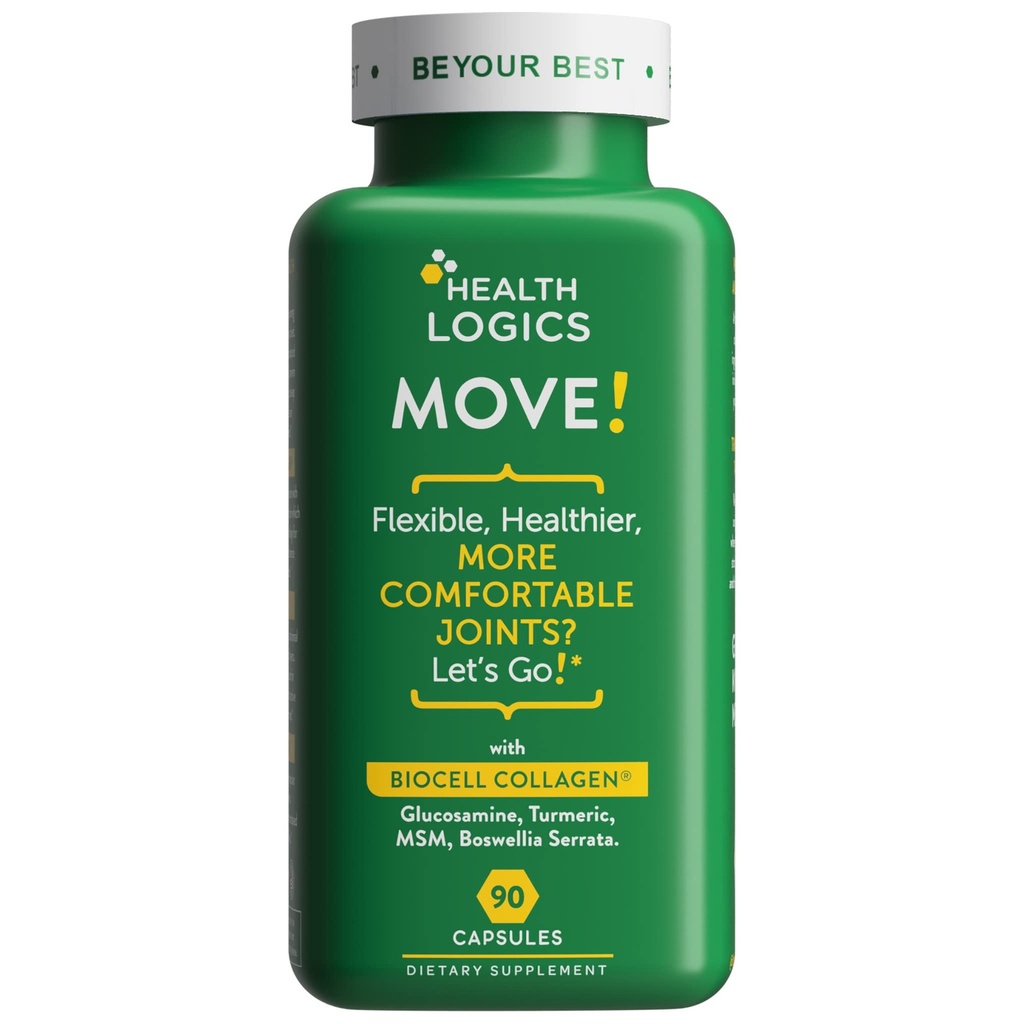 Health Logics Move! Gesunde Gelenke mit BioCell Collagen, Glucosamin, MSM, Vitamin C, Turmeric Extract 95% Curcuminoids, Boswellia Serrata | Support Joint Comfort | Non-GMO | 90 Kapseln