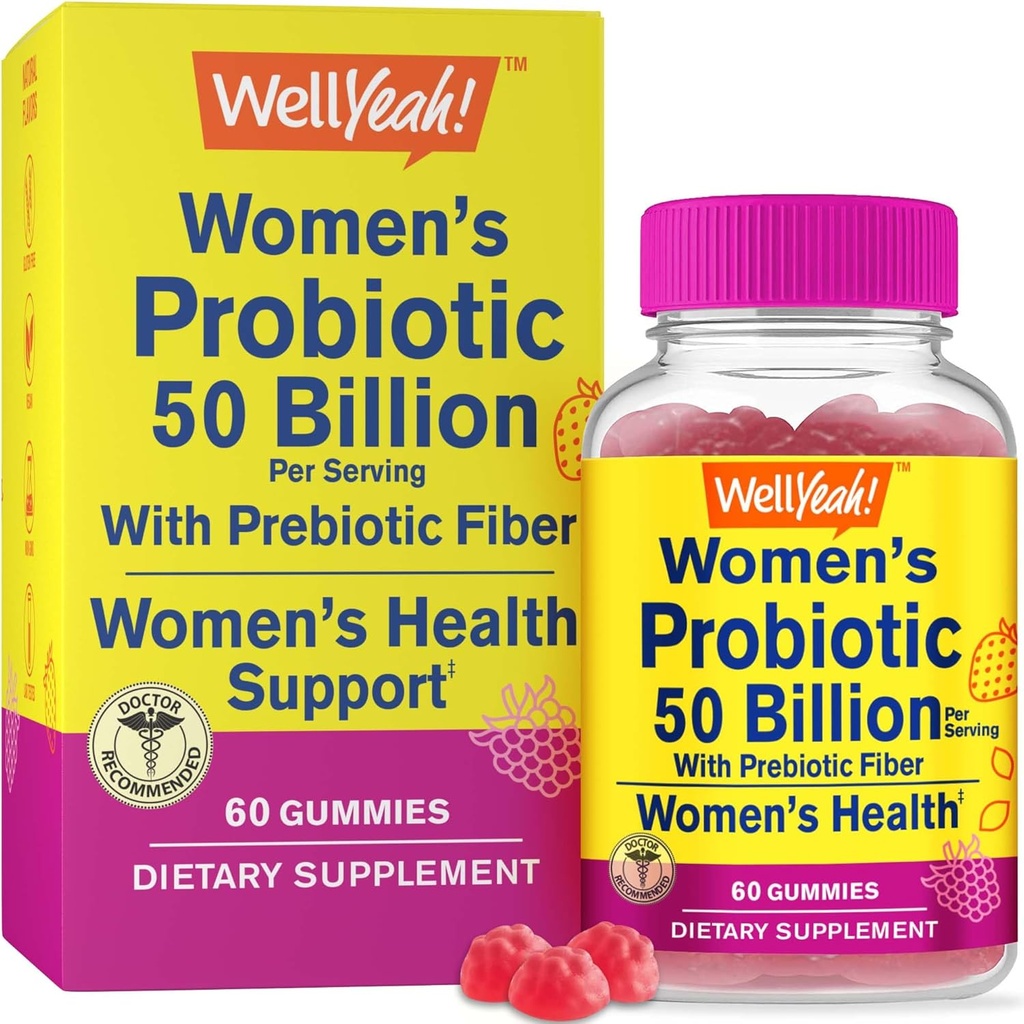 Eh bien oui Femmes Probiotique 50 Million Gummies 12 souches - avec fibre prébiotique pour digestive - vaginal, digestive, suport immunitaire et santé de la gueule - Étagère stable Probiotique Gummies - 60 Gummies
