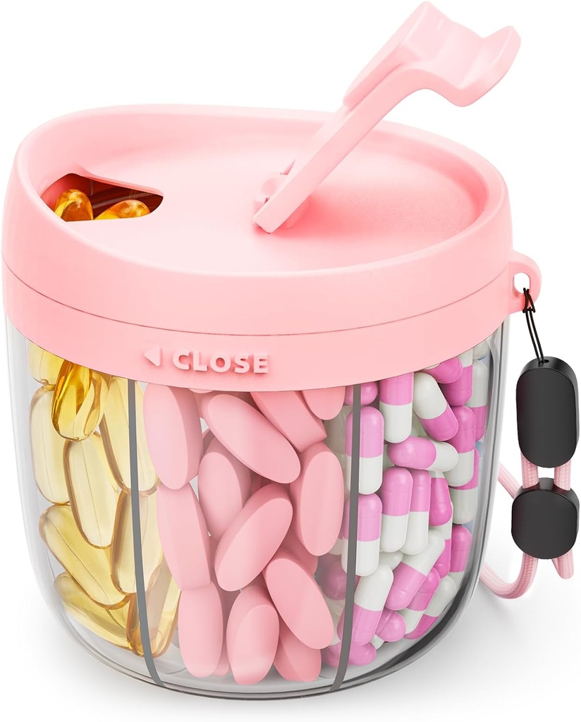 Niedliche Pillenspender mit 7 großen Komponenten, Tragbare Pillen Flasche Organizer mit weitem Öffnen für einfachen Gebrauch, Anti-Mix Pillen Organizer für Reisen, BPA-freie Pille Container, Pink