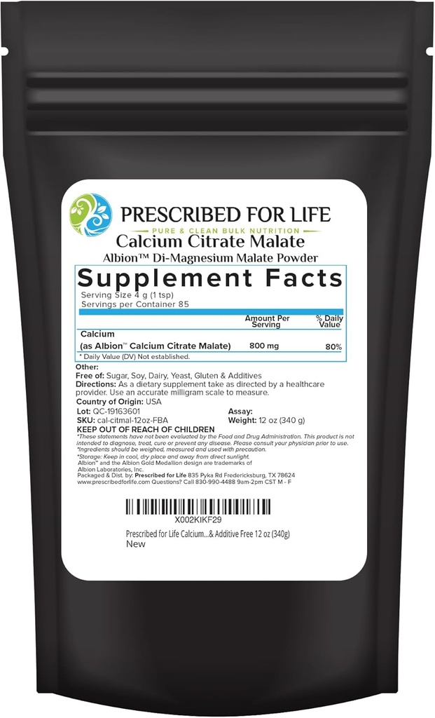 Präscribed for Life Calcium Citrate Malate, Pure Vegan Calcium Powder, Einfache Absorptionsformel, Non GMO, Filler & Additive Free (340g)