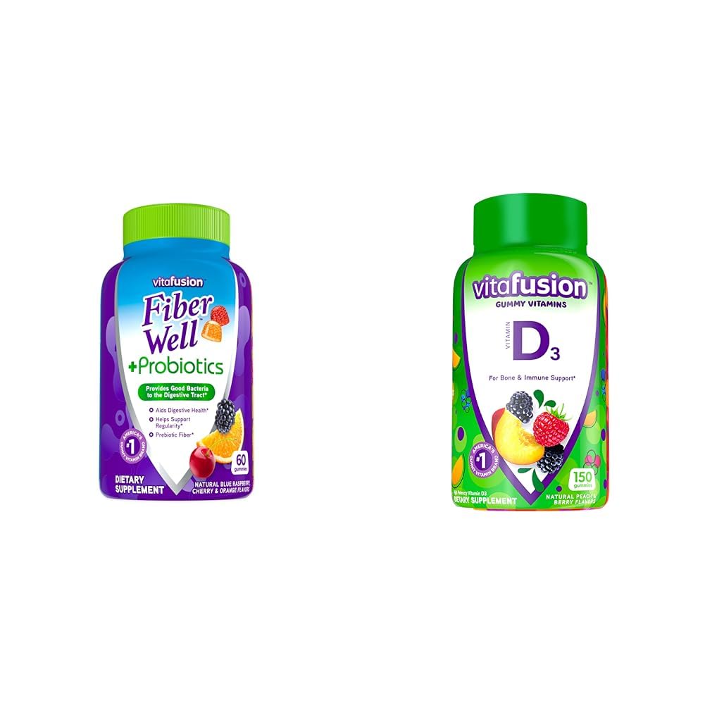 Vitafusion Fiber Well + Probiotics Gummi für Erwachsene, 60 Count Vitamin D3 Gummy Vitamine, Peach, BlackBerry und Erdbeeren Flavored, 50 mcg Vitamin D, 150 Count