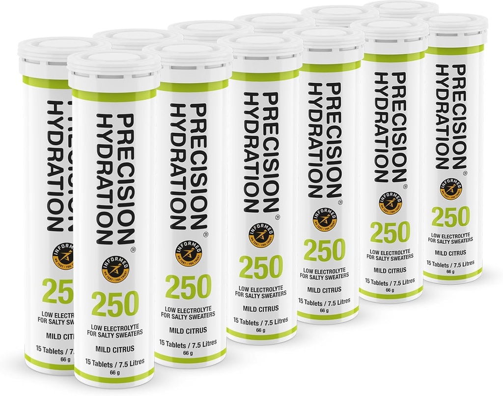 Precision Hydration Electrolyte Drink - Multi Strength Effervescent Hydration Tablets - Low Calorie, Glutenfrei, Vegan/Vegetarian Friendly (12 Tubes, 250mg/L - Green Tube)