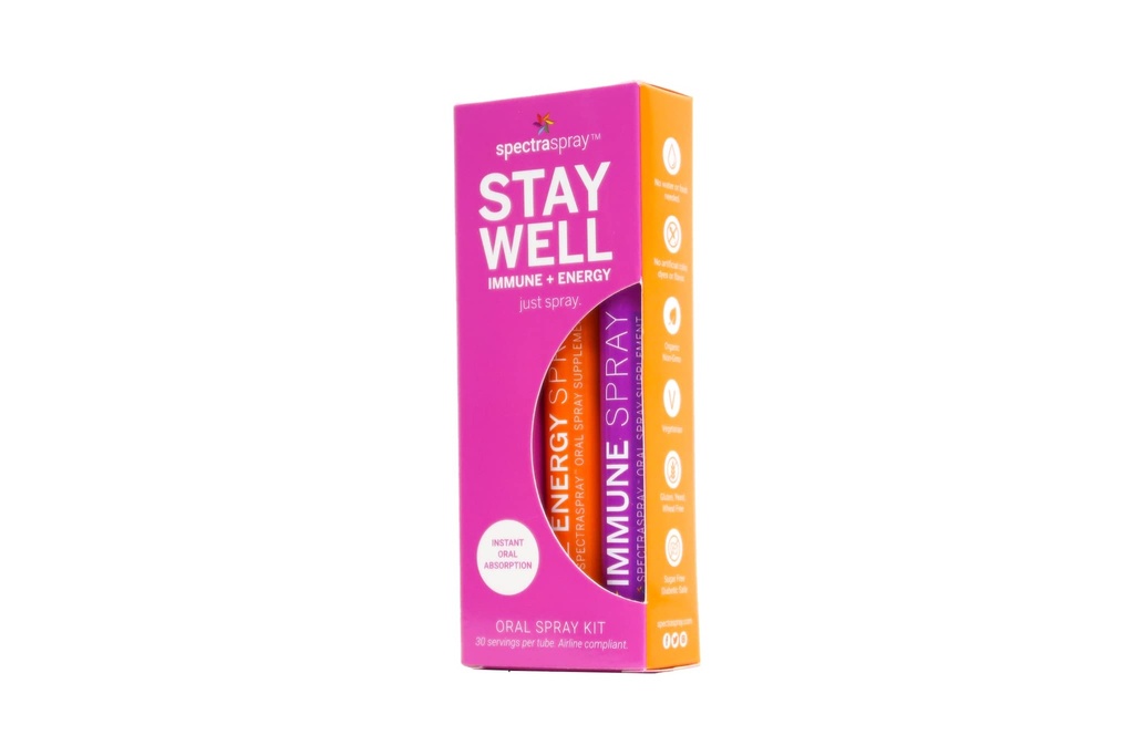 Spectraspray Travel Wellness Stay Well Kit - Immununterstützung & B12 Vitamin Oral Sprays Schnelle Immunität Boost & Active Form von B12 für Erholung & Energie, Vegan & Gluten frei, 30 Tage Versorgung pro Spray