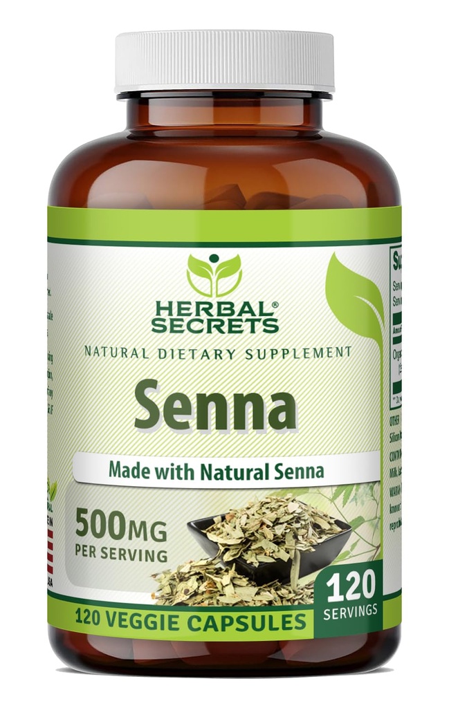 Herbal Secrets Senna Supplement: 500 Mg. 120 Capsules Veggie Fabriquées avec du Senna naturel.