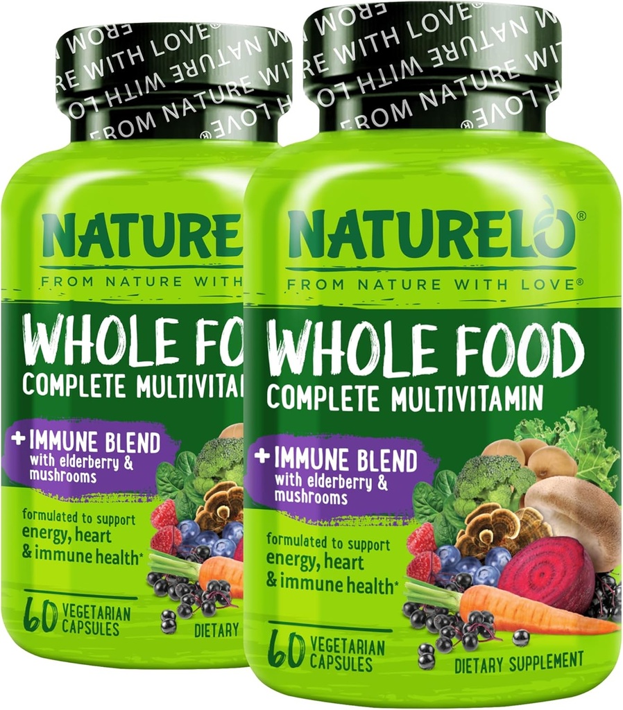 NATURELO Multivitamine d'aliments entiers + mélange d'Immune avec Elderberry & Champignons - Multivitamine complète avec support d'Immune supplémentaire - C, D3, Zinc, Elderberry, Reishi, Shitake, 60 Capsules Vegan (paquet de 2)