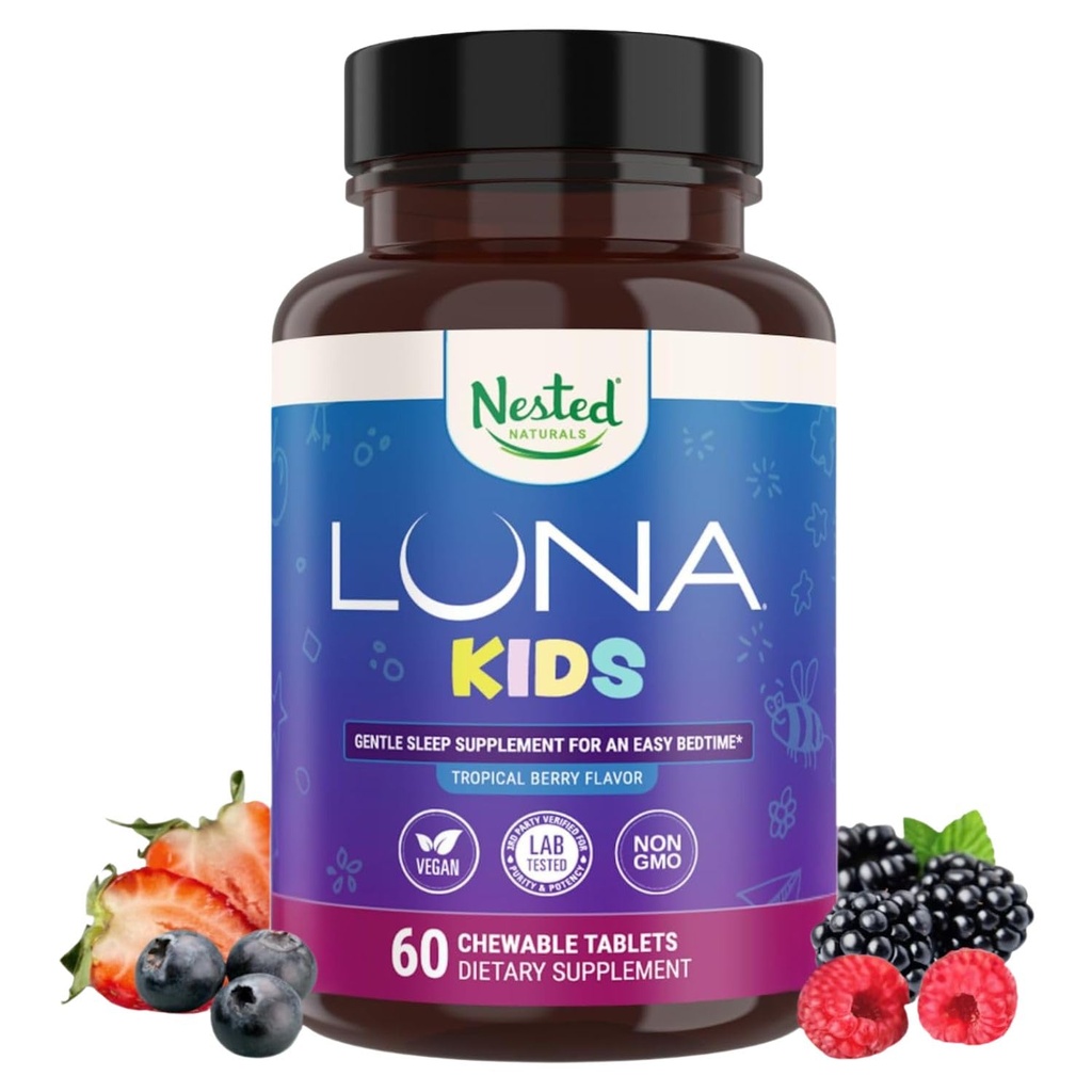 LUNA Kids | #1 Schlafhilfe Tablets für Kinder 4+ und empfindliche Erwachsene | Natürliche Zutaten | 60 x Kaubare Pillen | Sanfte, Kräuterergänzung mit Kamille, Melatonin, Valerian & Lemon Balm