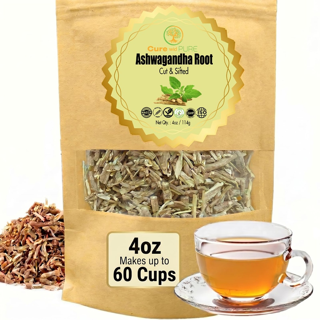 Cure wid Pure Certified Organic Ashwagandha Root Tea | Cut & Sifted 4oz Non-GMO Non-Irradiated Ashwagandha Tee für Frauen & Männer Adaptogenic Wellness | Withania Somnifera für Kräuterinfusion & Kapseln