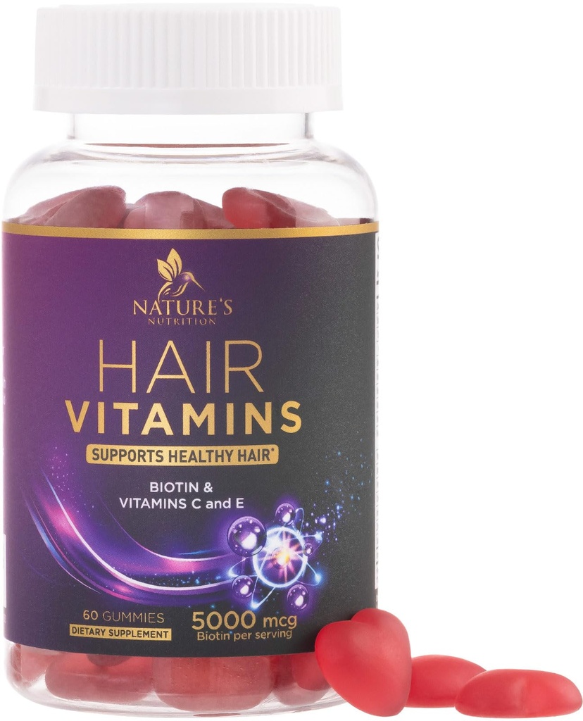 Vitamines capillaires Gommies avec Biotin 5000 mcg - Supplément cheveux, peau et ongles plus forts et radiants - Vitamine E & C, soutien de la croissance des cheveux Vitamine pour les femmes et les hommes, sans OGM et sans gluten - 60 Gommies