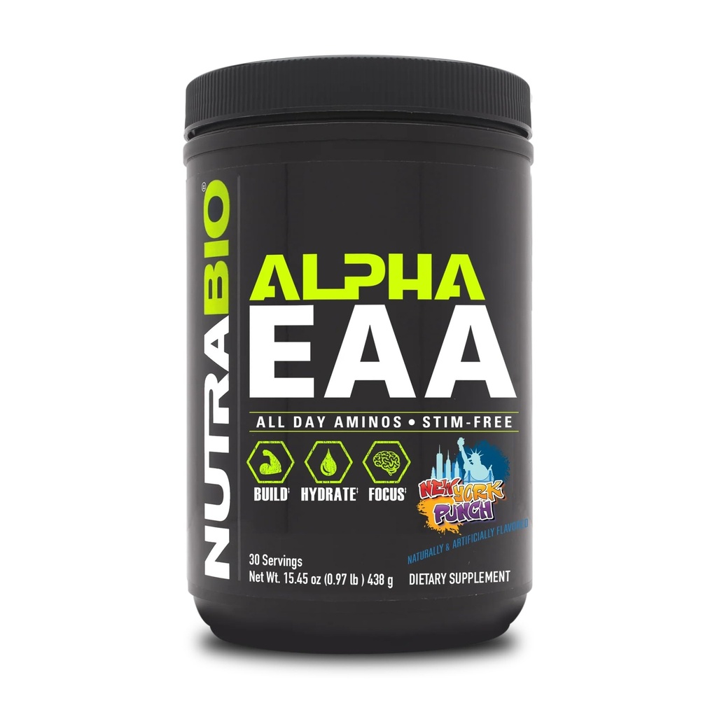 NutraBio Alpha EAA - All-Day Aminosäuren für Muskelwachstum und Hydration - Essential Amino Acids with Nootropics & Adaptogens- Full Spectrum EAA BCAA Powder - 30 Portionen - New York Punch