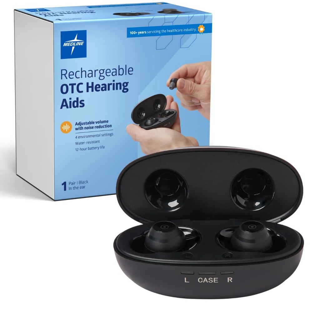 Medline wiederaufladbare OTC Hörgeräte, Schwarz, in-The-Ear, 4 Umwelteinstellungen, Wasserdicht, einstellbare Volumen, Mild zu moderaten Hörverlusten, Lärmreduzierung, Earbud Hörgeräte
