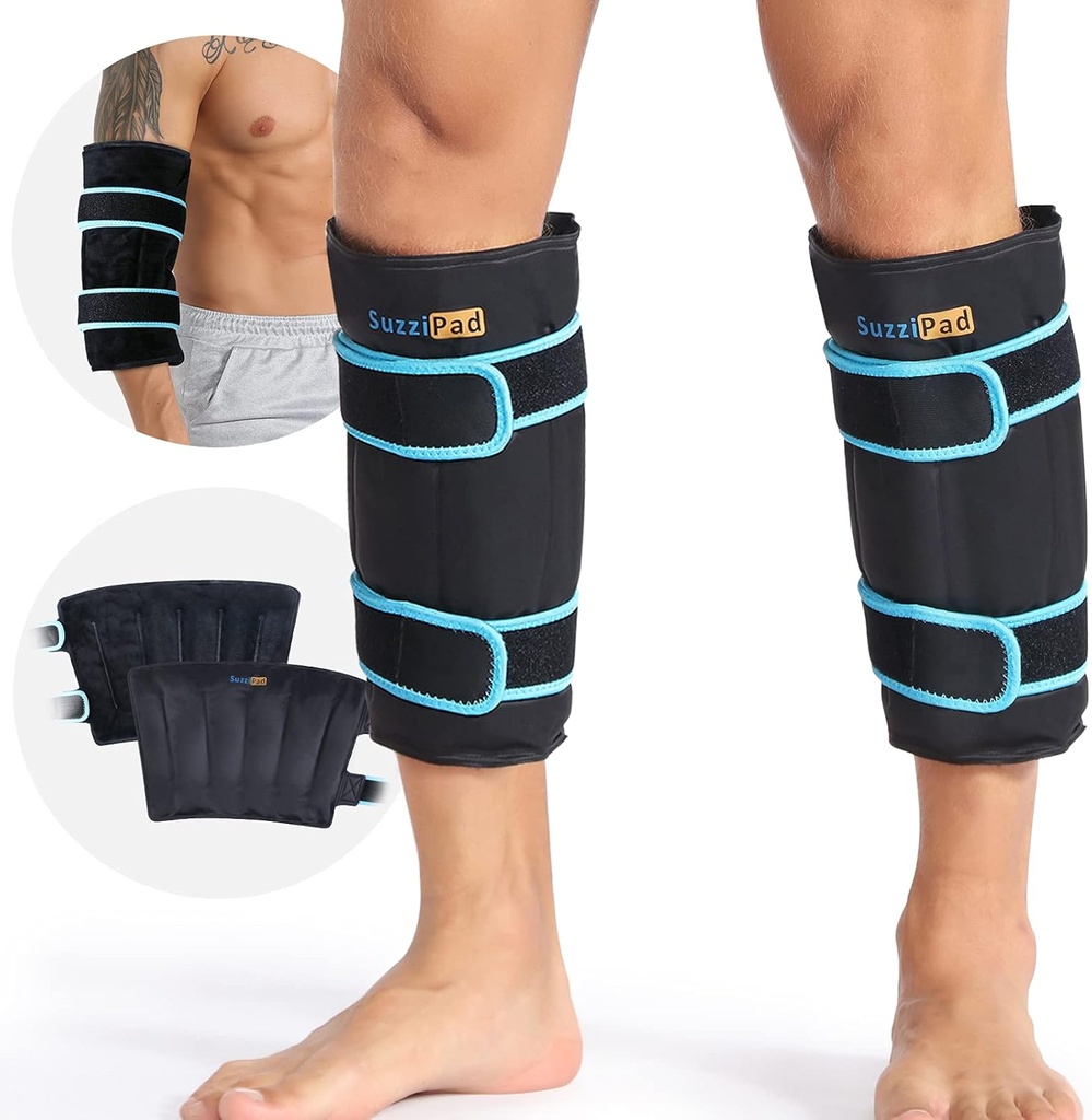 SuzziPad 360° Cold Pack pour Calf, Shin, Arm & Elbow – Enveloppe de glace avec double-Cover Design, bandes velcro réglables, compresse froide étanche et réutilisable pour la récupération après l'entraînement (2 paquets), noir