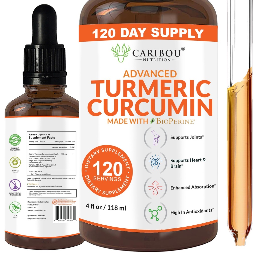 Flüssige Kurkuma Curcumin mit Bioperin für verbesserte Absorption - Kurkuma-Ergänzung für Gelenkunterstützung - Kurkumaextrakt mit schwarzem Pfeffer - 2 Monate Versorgung - 4oz