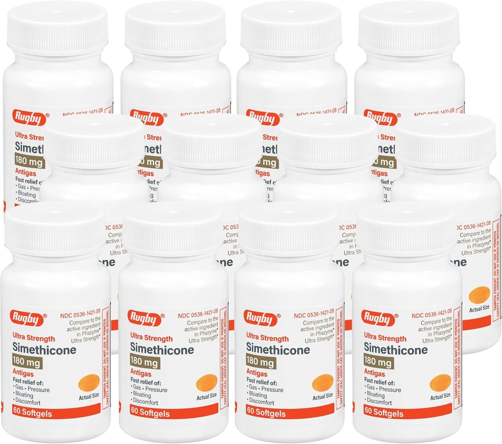 Rugby Ultra Strength Simethicone Gas Relief 180 mg - Maximale Gasentlastung für Erwachsene - Kann helfen mit Symptomen der Blähung, Bloating, Gas Vollständigkeit - 60 Softgels (12 Pack)