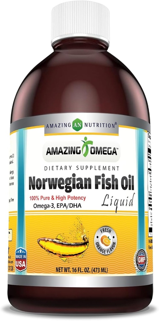 Erstaunlich Omega Norwegian Fish Oil 16 Oz Supplement | 1625mg Omega -3s, DHA, EPA per Servieren | Frisch Orange Flavor | Non-GMO | Gluten Kostenlos
