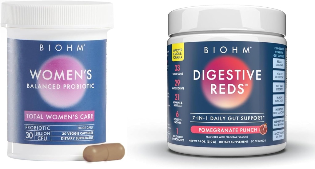 BIOHM Women's Probiotics 30B CFU & 210 oz Essential Digestive Reds Powder Bundle, Comprehensive Gut & Vaginal Health Support, Rich in Antioxidantien, Enzyme, Vitamine