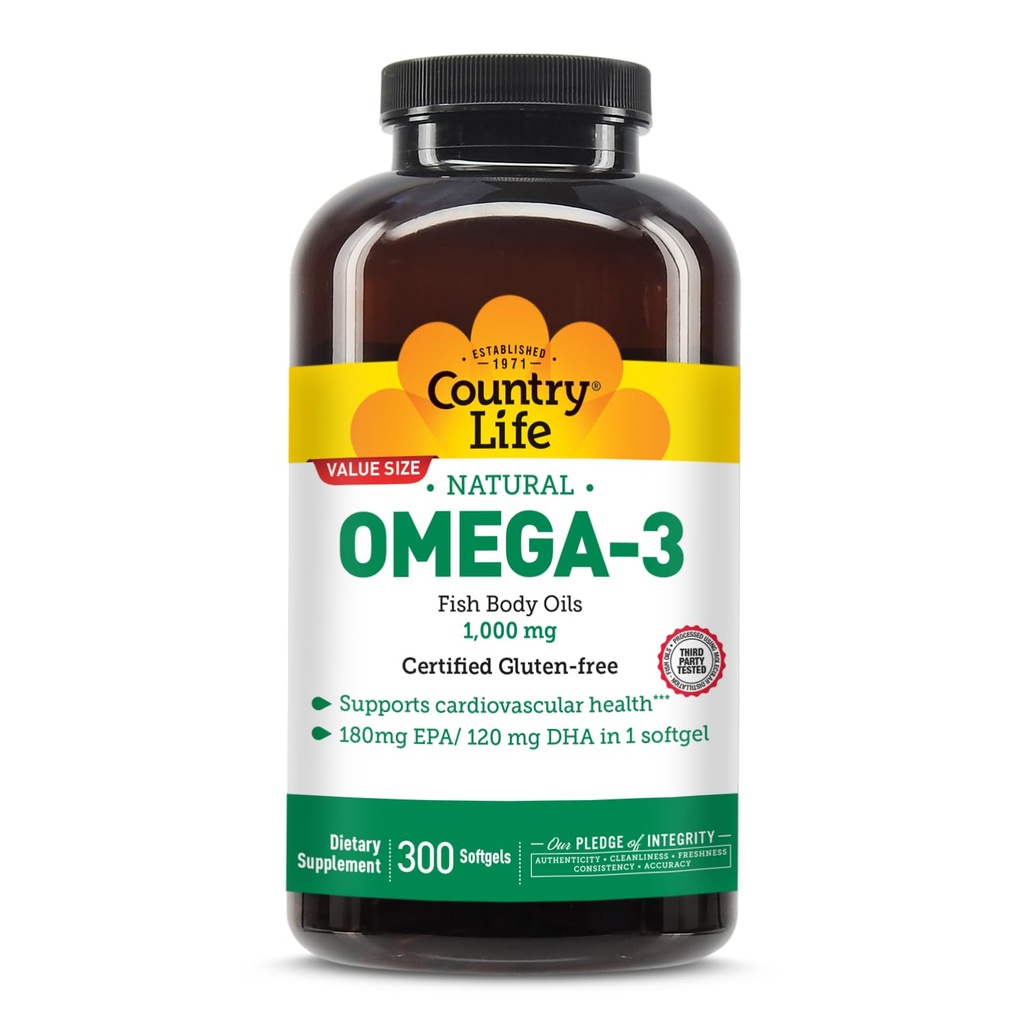 Country Life Omega-3 Supplément huile de poisson, 1000mg, 180mg EPA et 120mg DHA, concentré huile de poisson, sans Burpless, 300 Softgels, certifié sans gluten