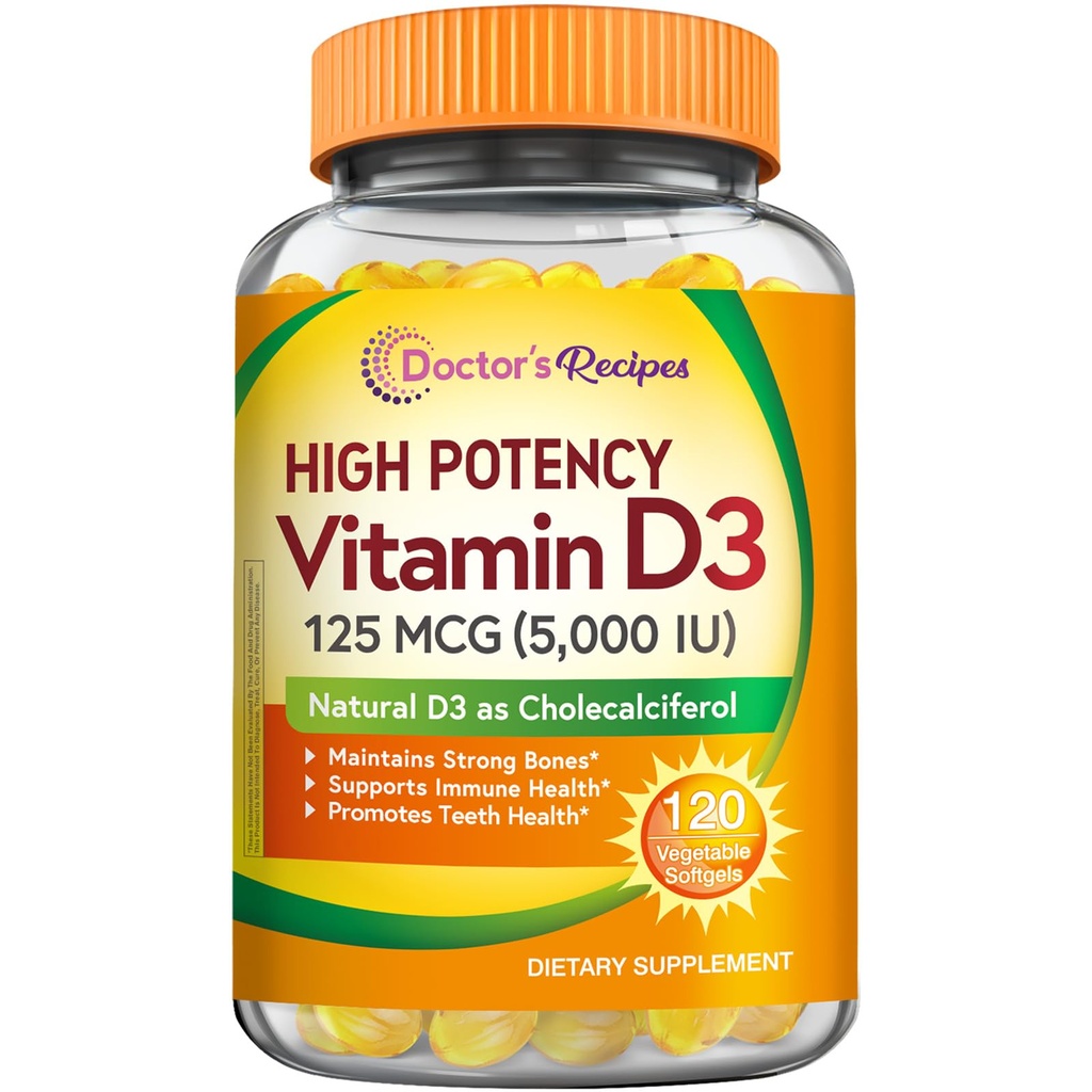 Recettes du médecin Vitamine D3 5000UI, Immune support pour les os, les dents et la fonction immunitaire, non-OGM, sans gélatine, gluten ou soja, 120 softgels végétariens