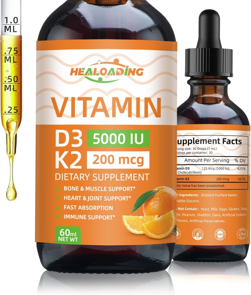 Bio Vitamin D3 + K2 Tropfen: 5000 IU Pflanzenbasierte D3 & 200mcg K2 Flüssige Ergänzungen | Schnelle Absorption für Immununterstützung, Knochengesundheit & Herzpflege | Vegan, Non-GMO (30ml)