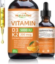 Bio Vitamin D3 + K2 Tropfen: 5000 IU Pflanzenbasierte D3 & 200mcg K2 Flüssige Ergänzungen | Schnelle Absorption für Immununterstützung, Knochengesundheit & Herzpflege | Vegan, Non-GMO (30ml)