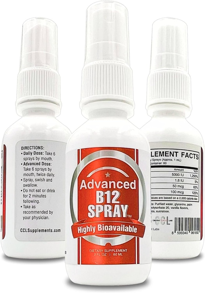 Vitamin B12 Energy Spray, Methylcobalamin mit Folsäure Sublingual Liquid Complex for Focus, & Metabolism, Nano Technology Instant Absorption und kundenspezifische Dosierung (2 oz - 60 Portionen)