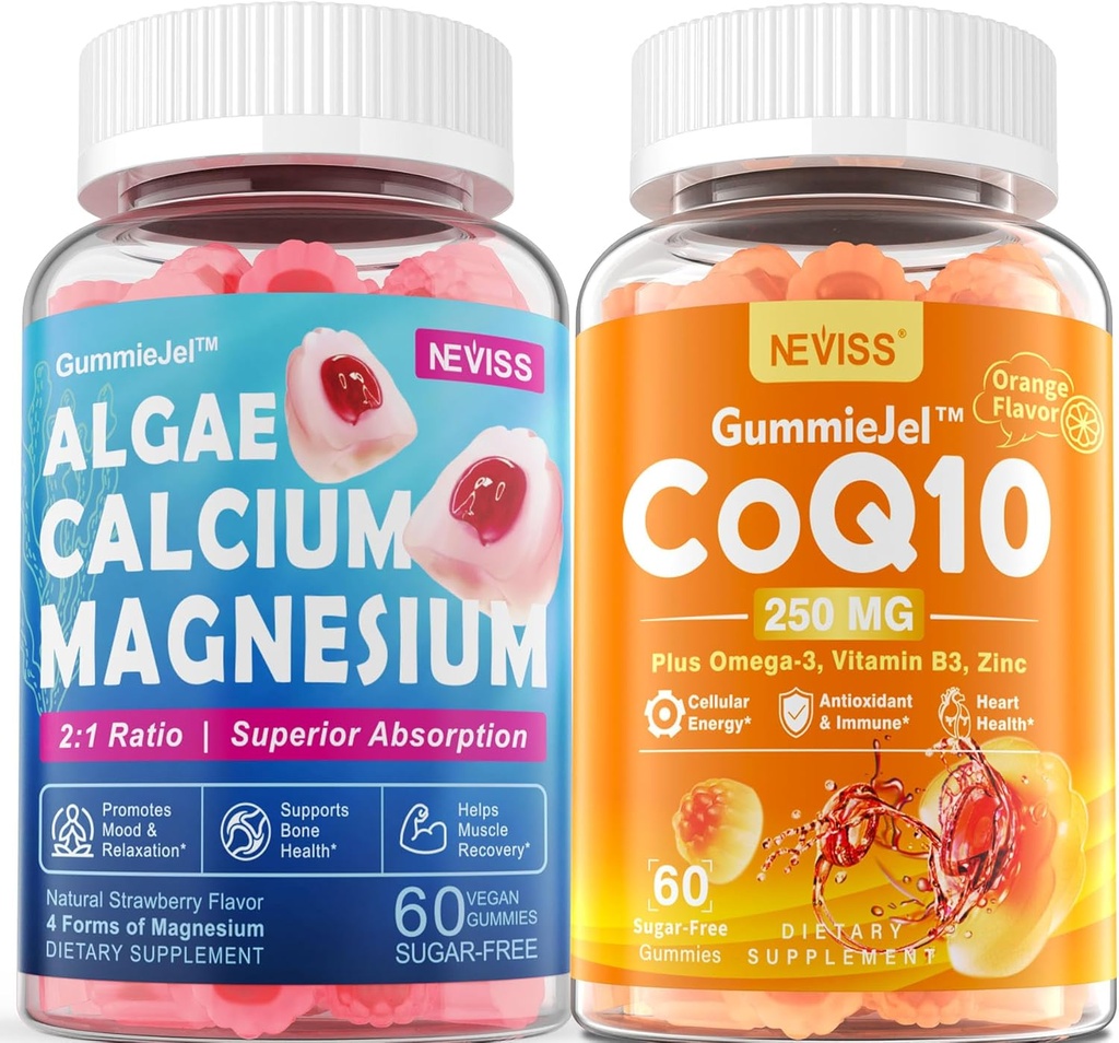 Zuckerfreie Kalziumergänzung 600mg, Algen Calcium Magnesium 2:1 Ratio + Zuckerfreie CoQ10-250mg gefüllte Gummie, hohe Absorption Coenzym Q10