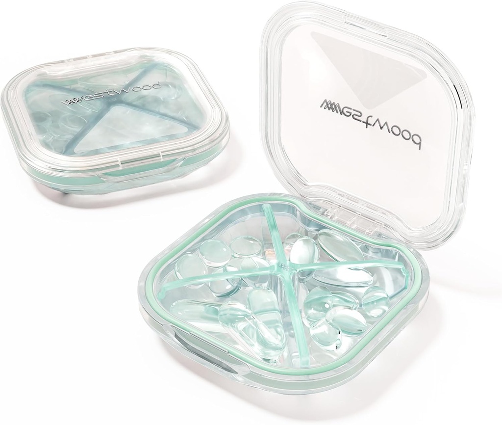 1 Pack Petit Organisateur de Pill Vert, 4 Compartiments, Compact Stylish Cute Travel Camping Pill Box Daily Medicine Pill Case, Portable et Hydratant pour Entreposer Vitamines, Médicaments et Suppléments