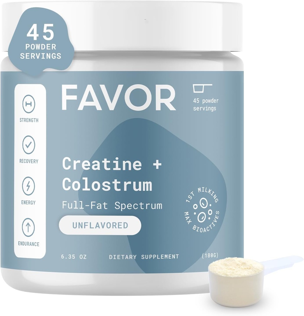 Favor Creatine und Bovine Colostrum Powder - Kreatin Monohydrat Cow Colostrum Supplement, High Immunoglobulin IgG, Stärke, Muskel Erholung und Gut Gesundheit für Männer und Frauen, 45 Servierungen, Unflavored