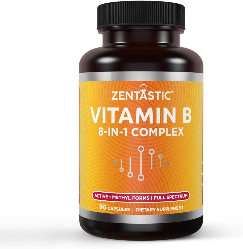 Zentastic Vitamin B-Komplex - Alle B Vitamine mit B12, B6, B9 Folsäure, Cholin, Inositol - Aktive und Methylformen - Nervensystem, Energie, Stoffwechsel, Immununterstützung - 90 Vegan Kapseln