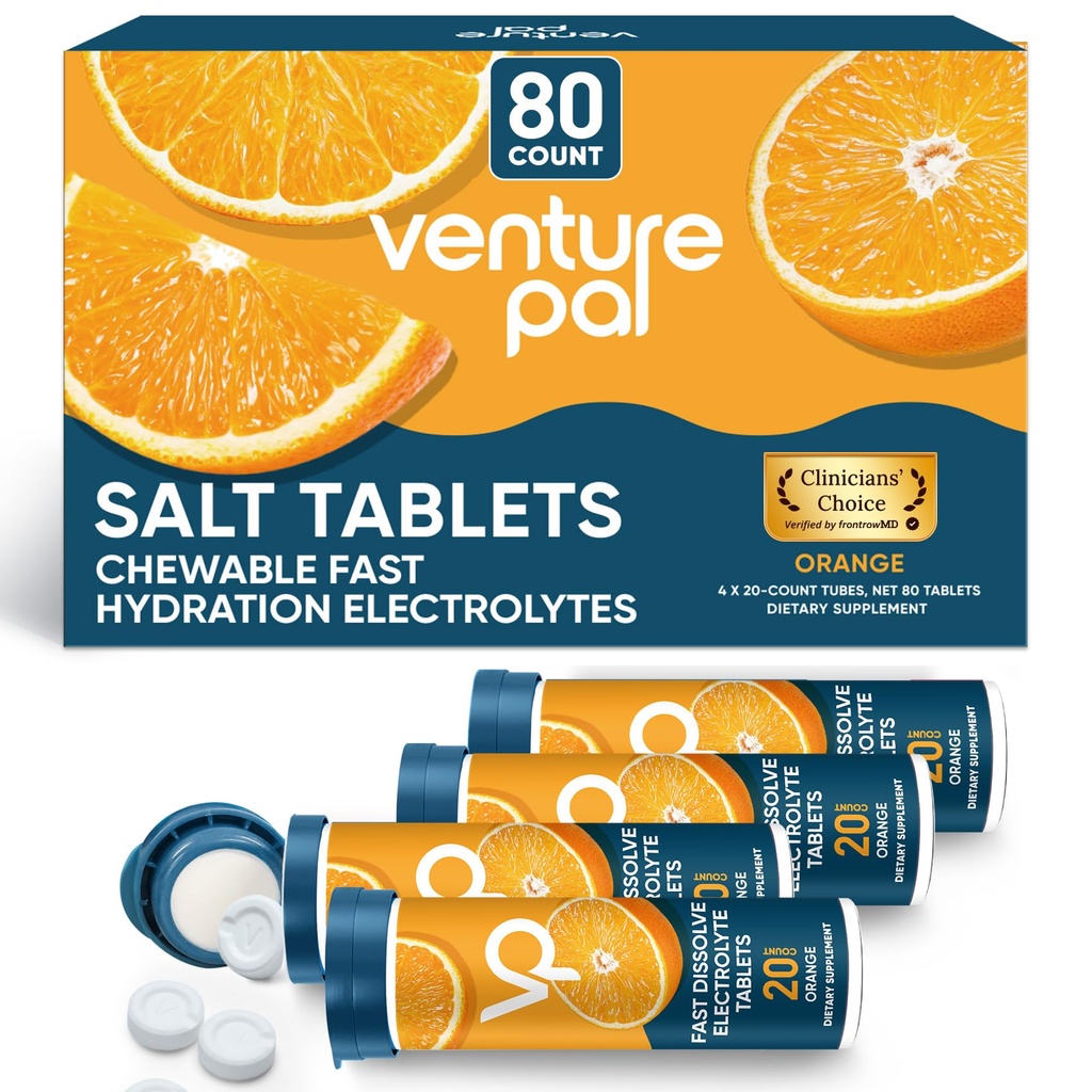 Venture Pal Chewable Electrolyte Tablets, 80 Count Fast-Dissolve Sugar-Free Stick Salt Tablets - Vielfalt Pack für schnelle Hydration, Outdoor Laufen, Wandern, Sport | Keto & Vegan Friendly | 4 Pack