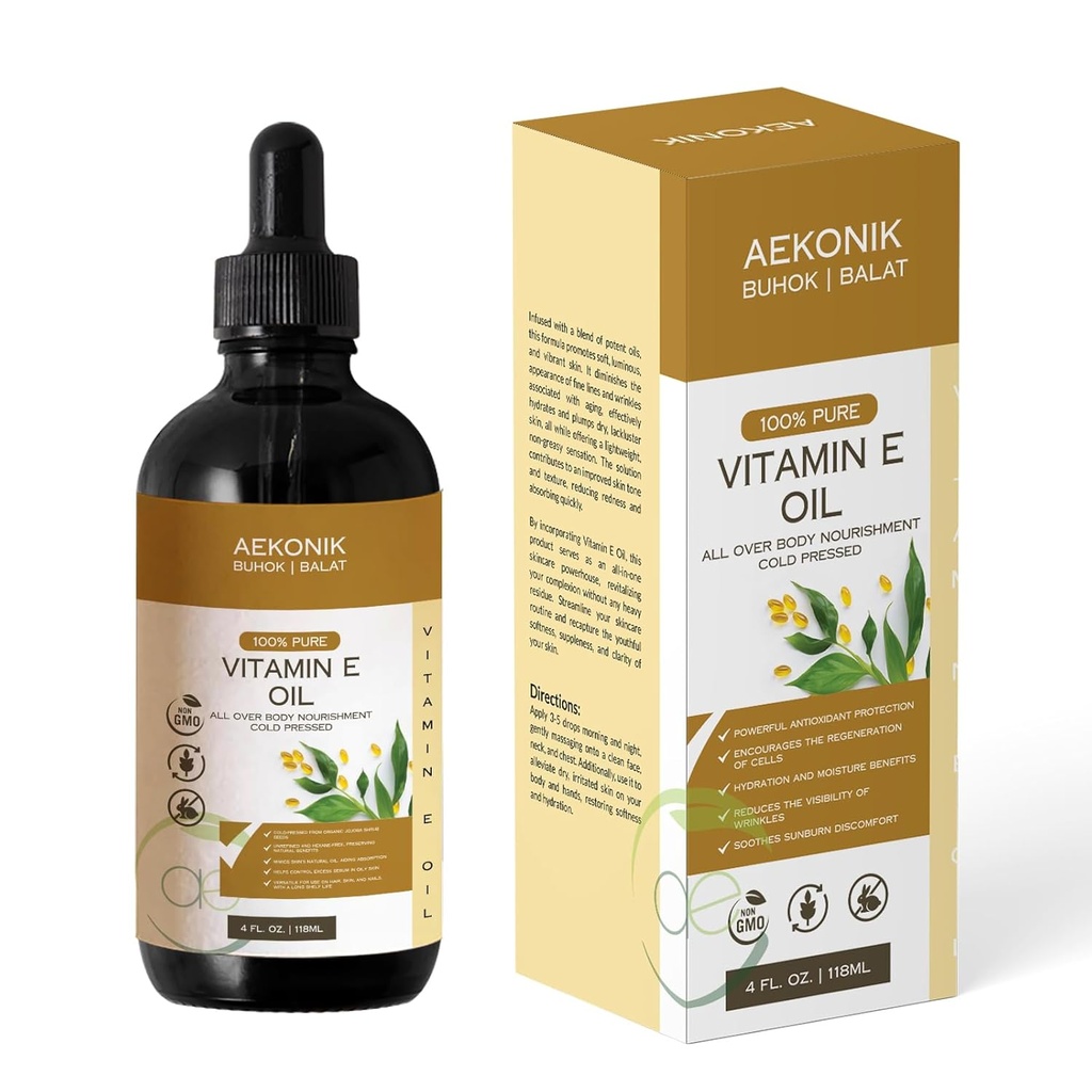 Bio Vitamin E Öl - Ätherisches reines Vitamin E Öl für Körperpflege und Hautpflege - 4-Oz-Flasche für trockene Haut, Falten, Stretchmarken, Akne & Anti-Aging